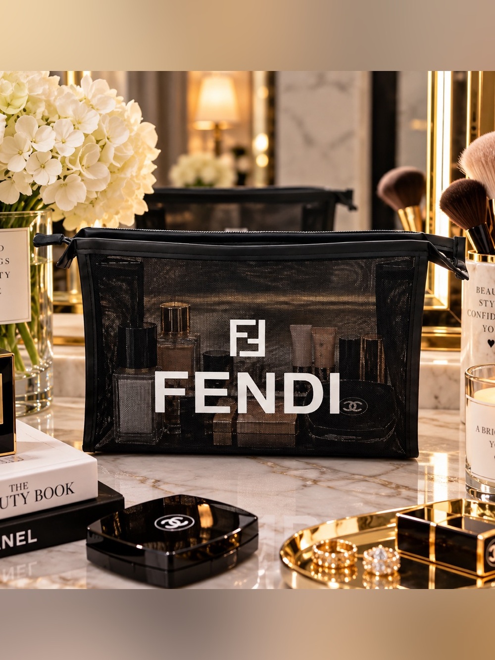 New FENDI Mesh Cosmetic / Makeup Bag – Black – 10” × 6.5” × 3”